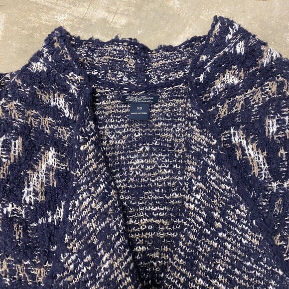 Lucky Brand XS Cardigan Sweater Navy Cream Aztec Open Drape Front Long Sleeve - Picture 8 of 14